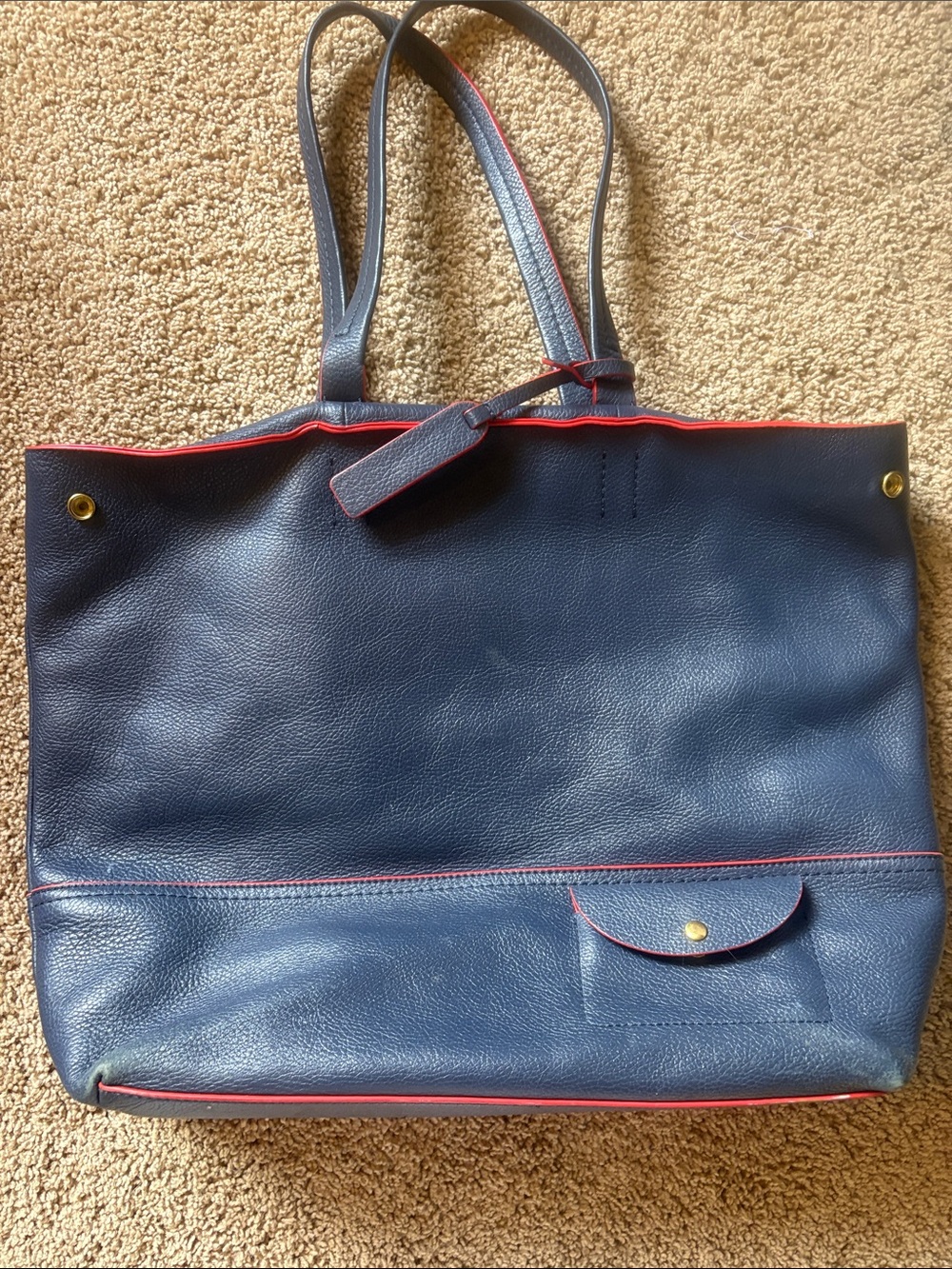 J Crew Navy Blue Leather Tote with Red Trim